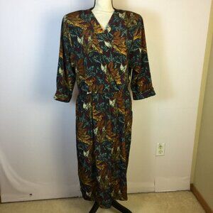 VTG 80s Pellini by Von Bramlett Midi Dress Sz 14 Womans Leaf Print Elastic Waist